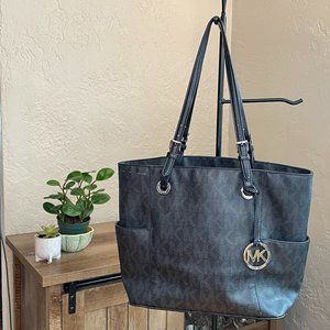 Michael Kors Large Monogram, Leather Tote Bag, Solid Black
